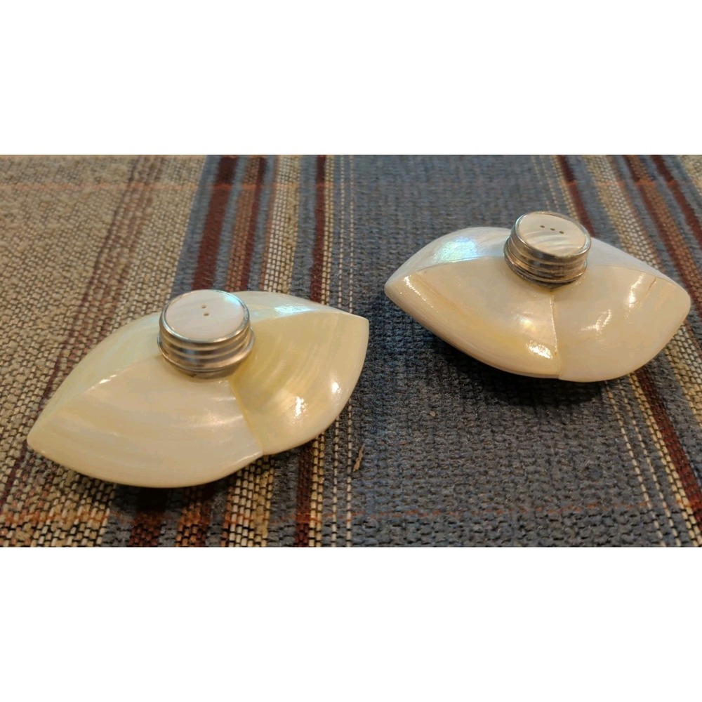 Beautiful Vintage Mother of Pearl Shell Salt & Pepper Shakers OAK Handmade